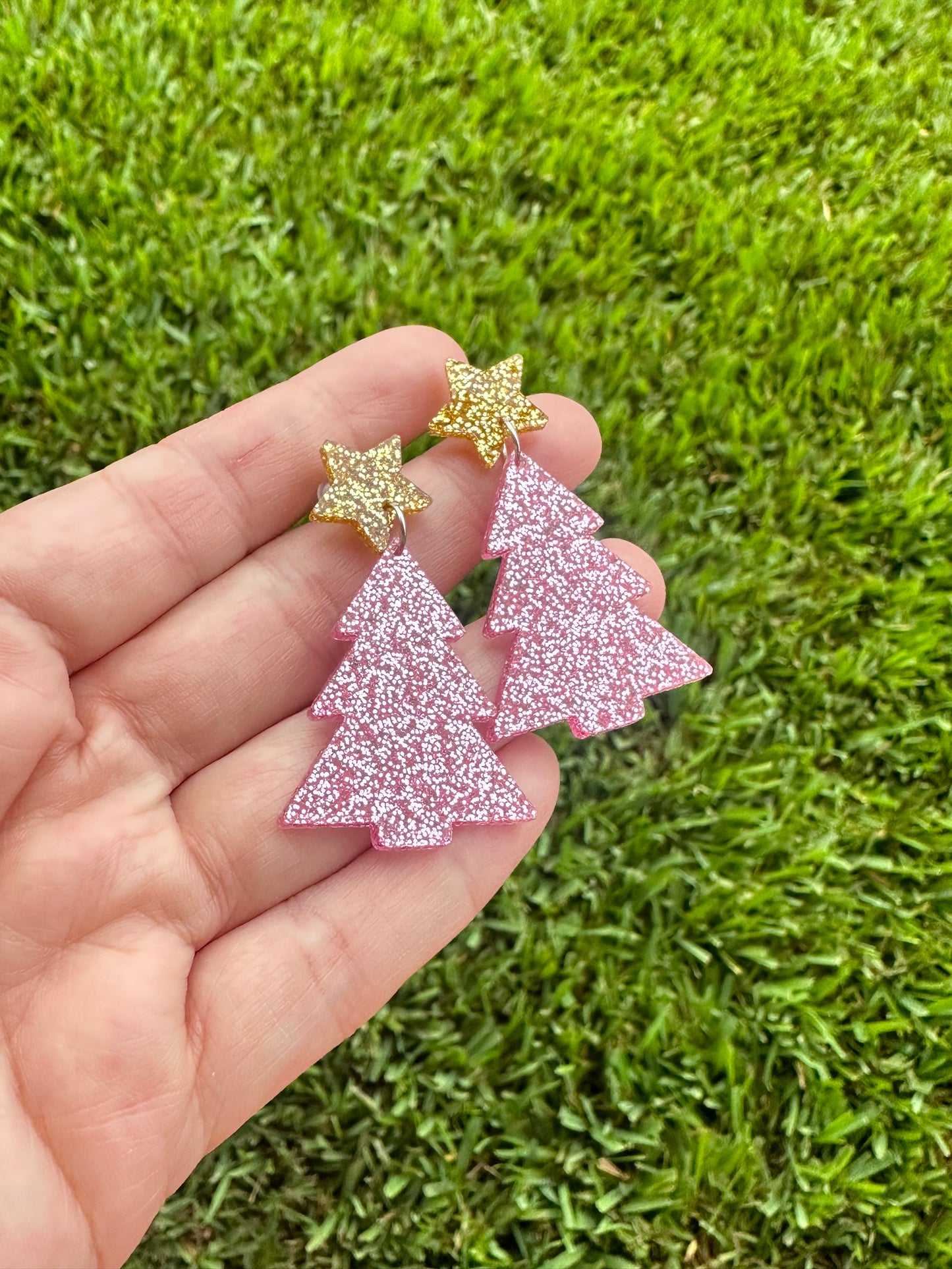 Pink Glitter Christmas Tree Earrings | Holiday Earrings