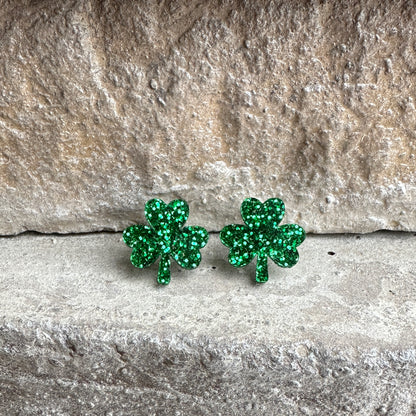 Green Glitter Acrylic Shamrock Earrings | St. Patrick's Day Earrings