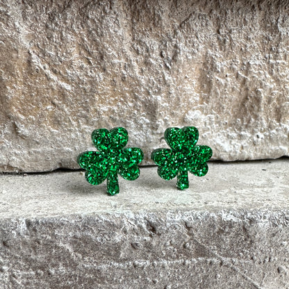 Green Glitter Acrylic Shamrock Earrings | St. Patrick's Day Earrings
