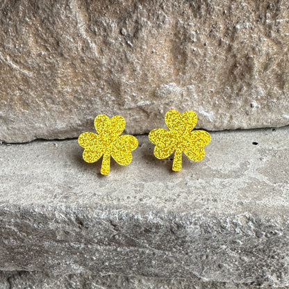 Yellow Gold Glitter Acrylic Shamrock Earrings | St. Patrick's Day Earrings