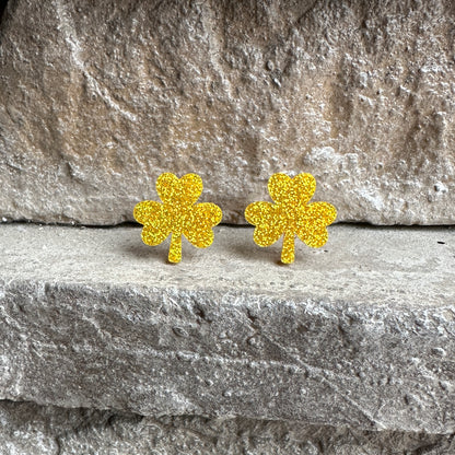 Yellow Gold Glitter Acrylic Shamrock Earrings | St. Patrick's Day Earrings