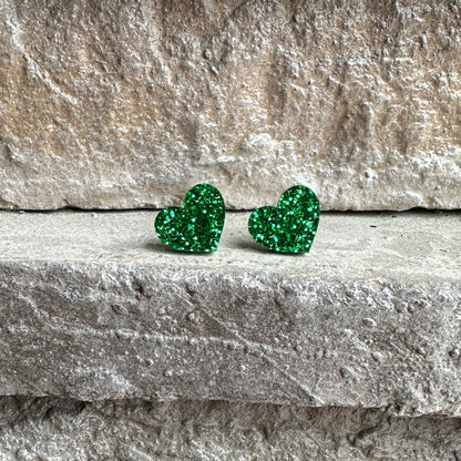 Green Glitter Acrylic Heart Earrings | St. Patrick's Day Earrings