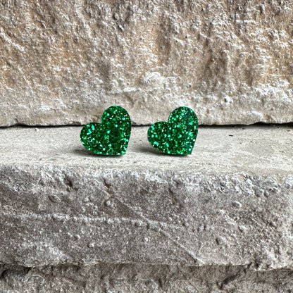 Green Glitter Acrylic Heart Earrings | St. Patrick's Day Earrings