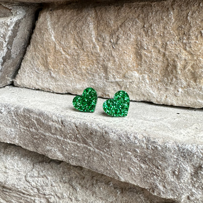 Green Glitter Acrylic Heart Earrings | St. Patrick's Day Earrings