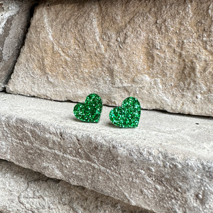 Green Glitter Acrylic Heart Earrings | St. Patrick's Day Earrings