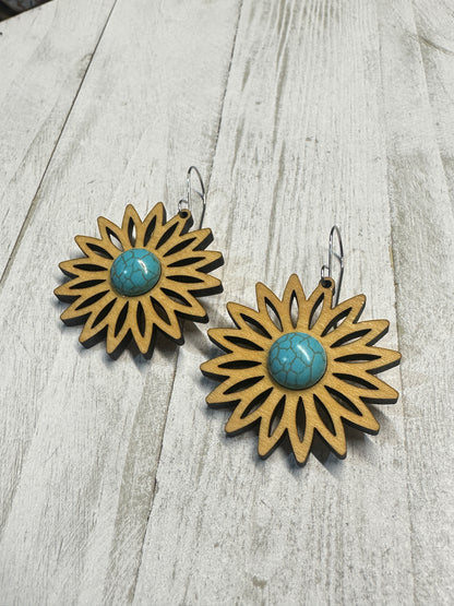 Turquoise Flower Maple Dangle Earrings | Western Earrings