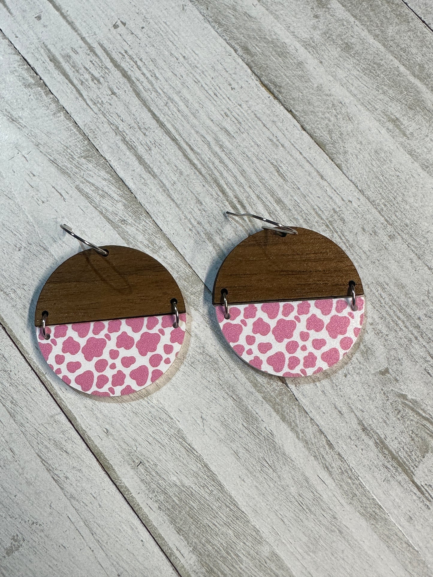 Pink Cow Print Acrylic & Walnut Wood Dangle | Western Earrings