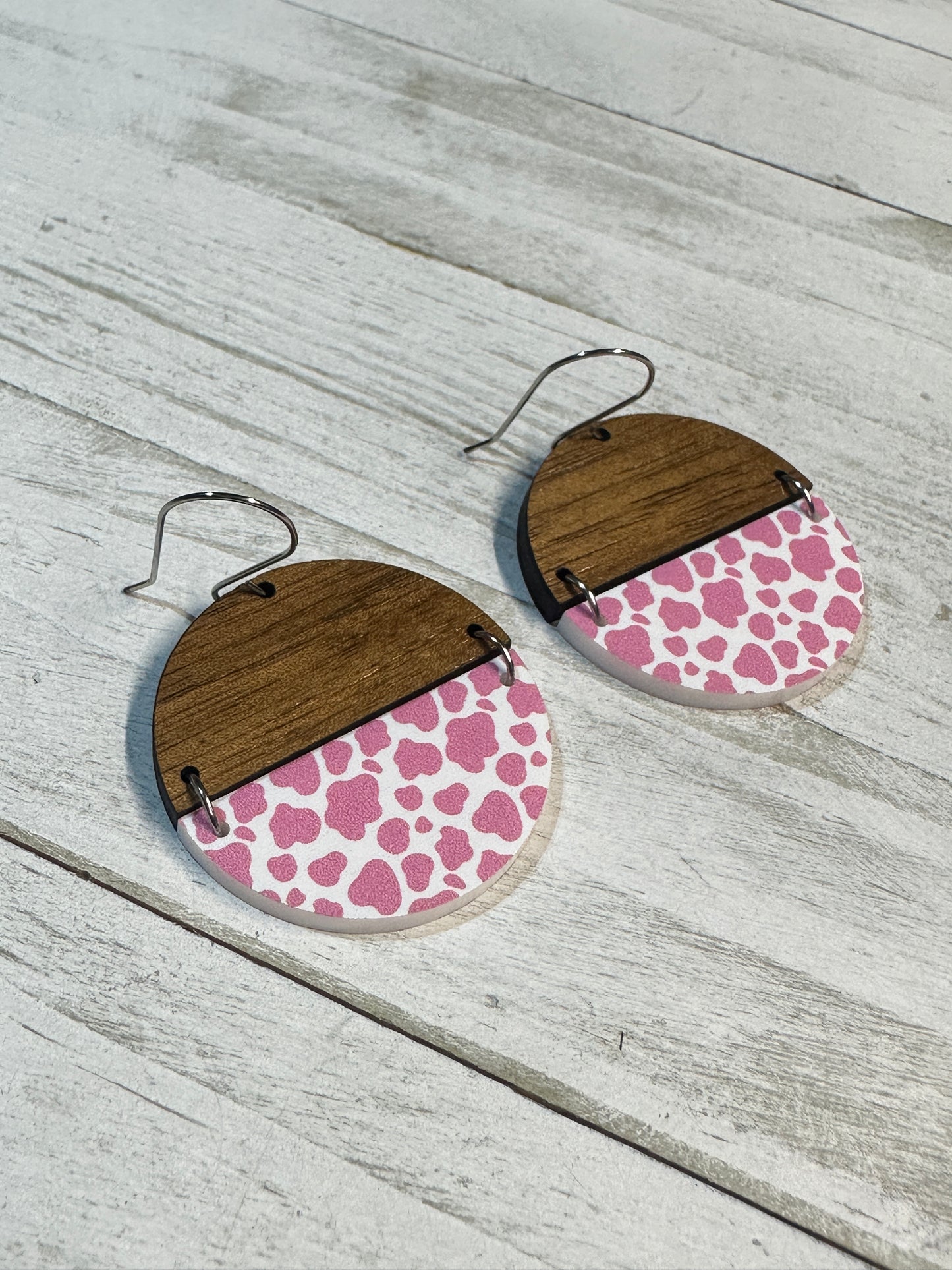 Pink Cow Print Acrylic & Walnut Wood Dangle | Western Earrings