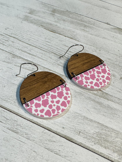 Pink Cow Print Acrylic & Walnut Wood Dangle | Western Earrings