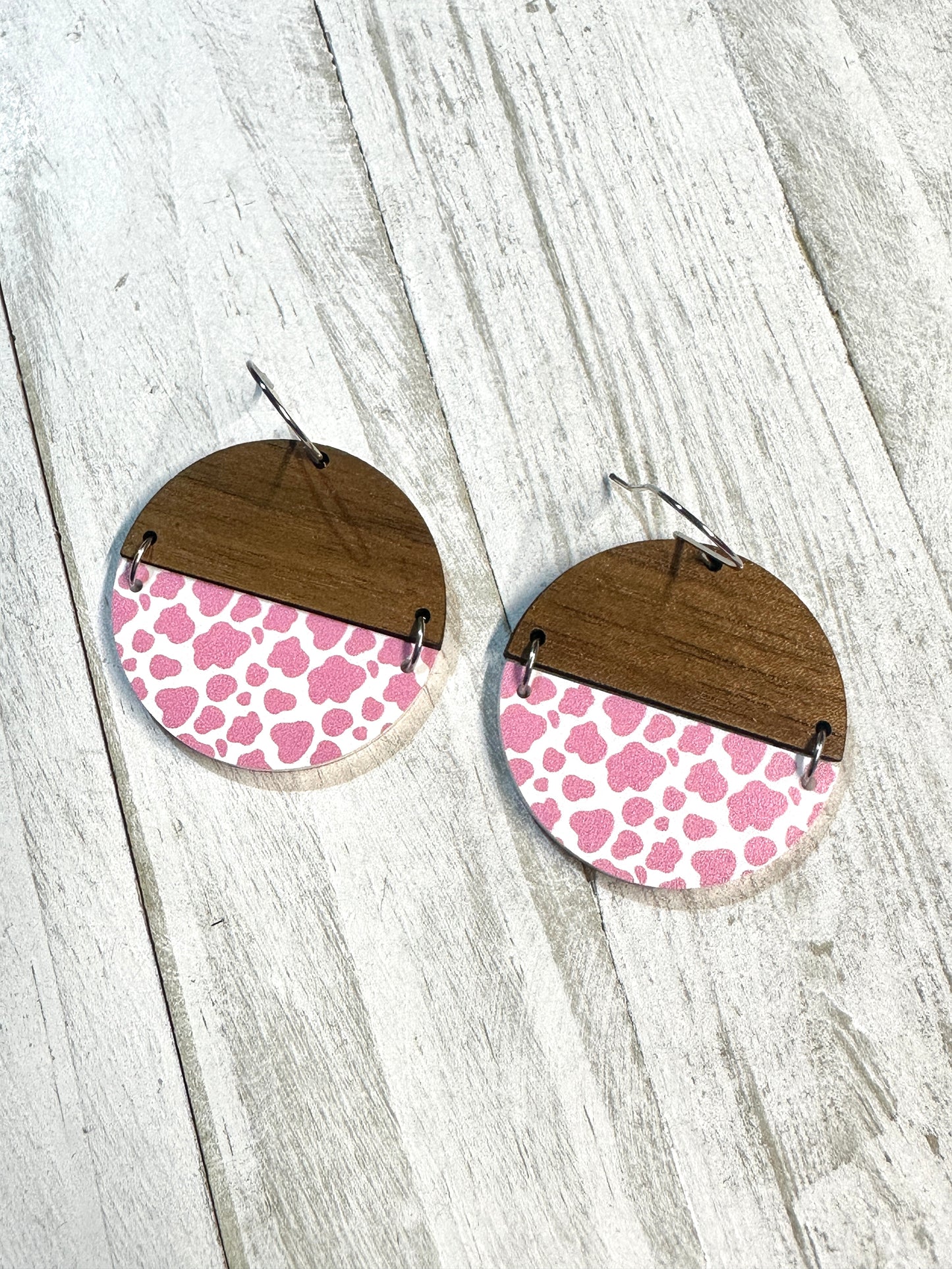 Pink Cow Print Acrylic & Walnut Wood Dangle | Western Earrings