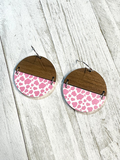 Pink Cow Print Acrylic & Walnut Wood Dangle | Western Earrings