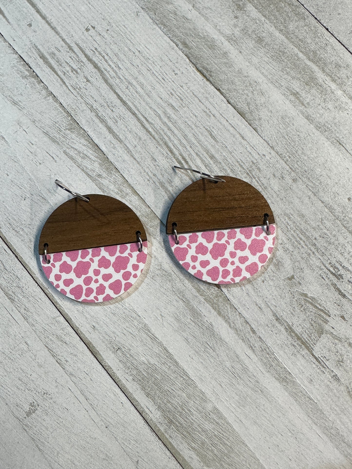 Pink Cow Print Acrylic & Walnut Wood Dangle | Western Earrings