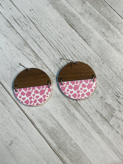 Pink Cow Print Acrylic & Walnut Wood Dangle | Western Earrings