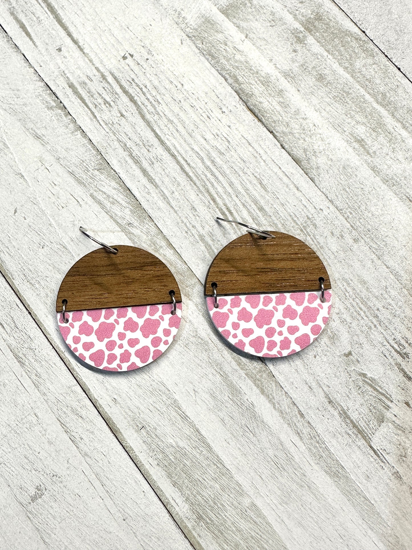 Pink Cow Print Acrylic & Walnut Wood Dangle | Western Earrings