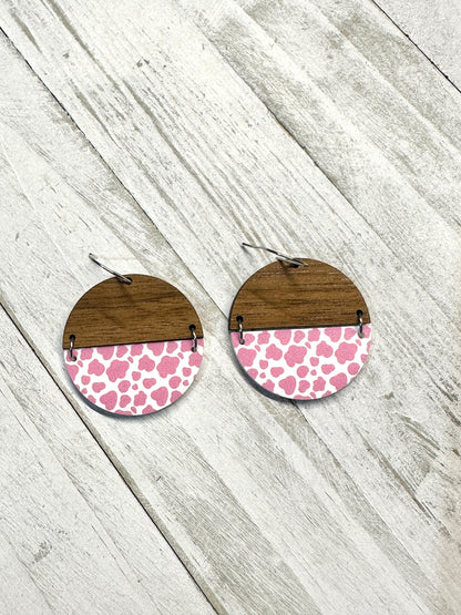 Pink Cow Print Acrylic & Walnut Wood Dangle | Western Earrings