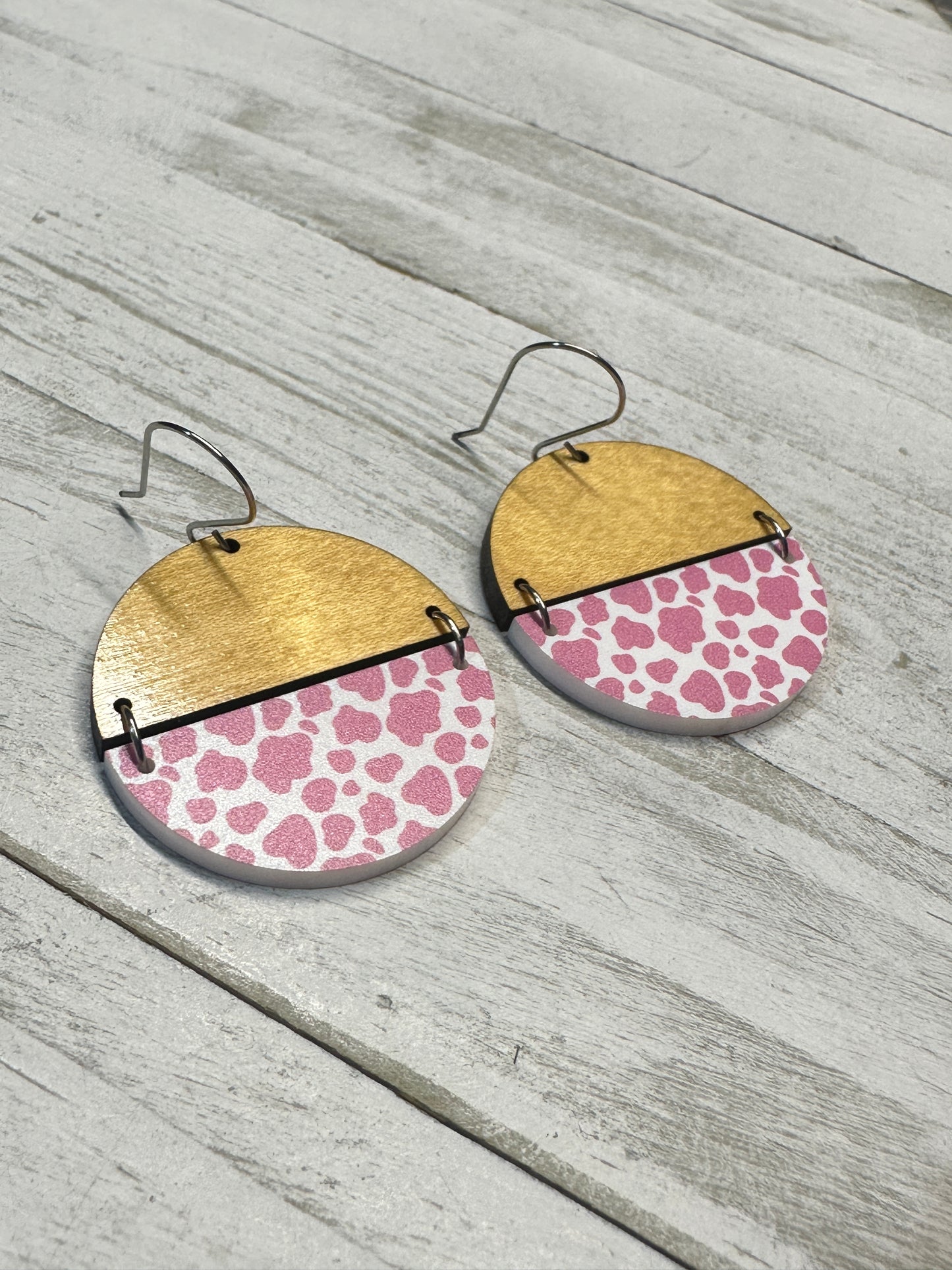 Pink Cow Print Acrylic & Maple Wood Dangle | Western Earrings