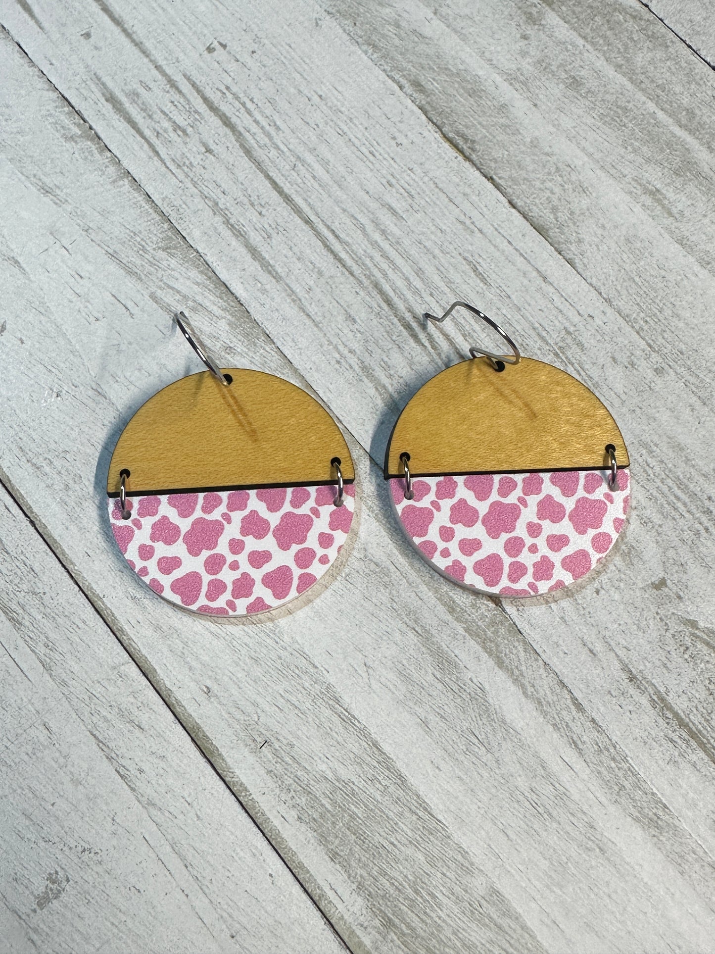 Pink Cow Print Acrylic & Maple Wood Dangle | Western Earrings