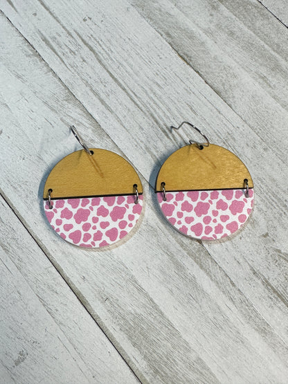 Pink Cow Print Acrylic & Maple Wood Dangle | Western Earrings