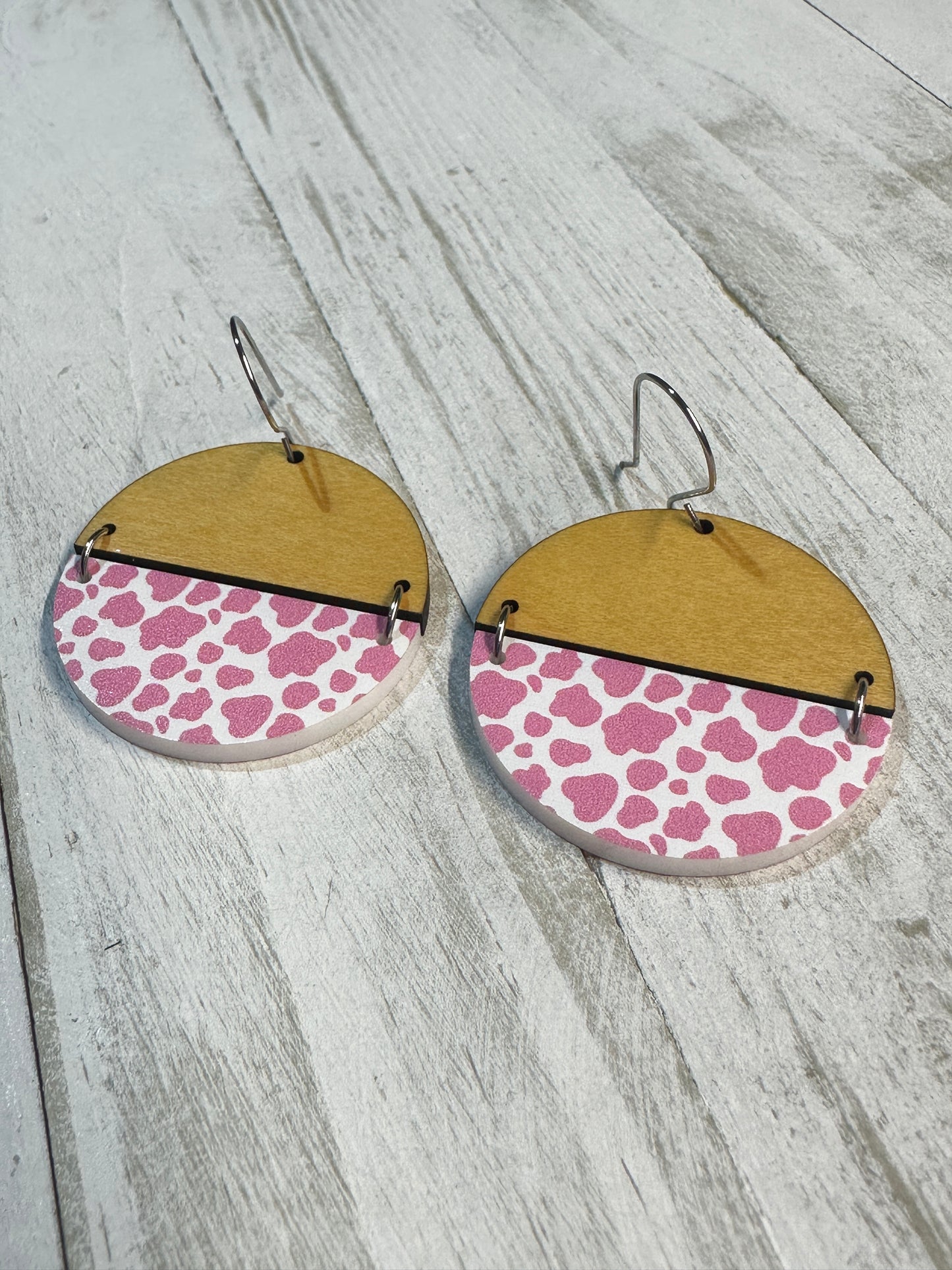 Pink Cow Print Acrylic & Maple Wood Dangle | Western Earrings