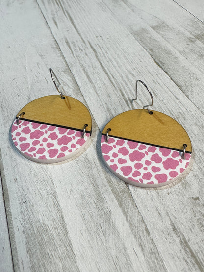 Pink Cow Print Acrylic & Maple Wood Dangle | Western Earrings