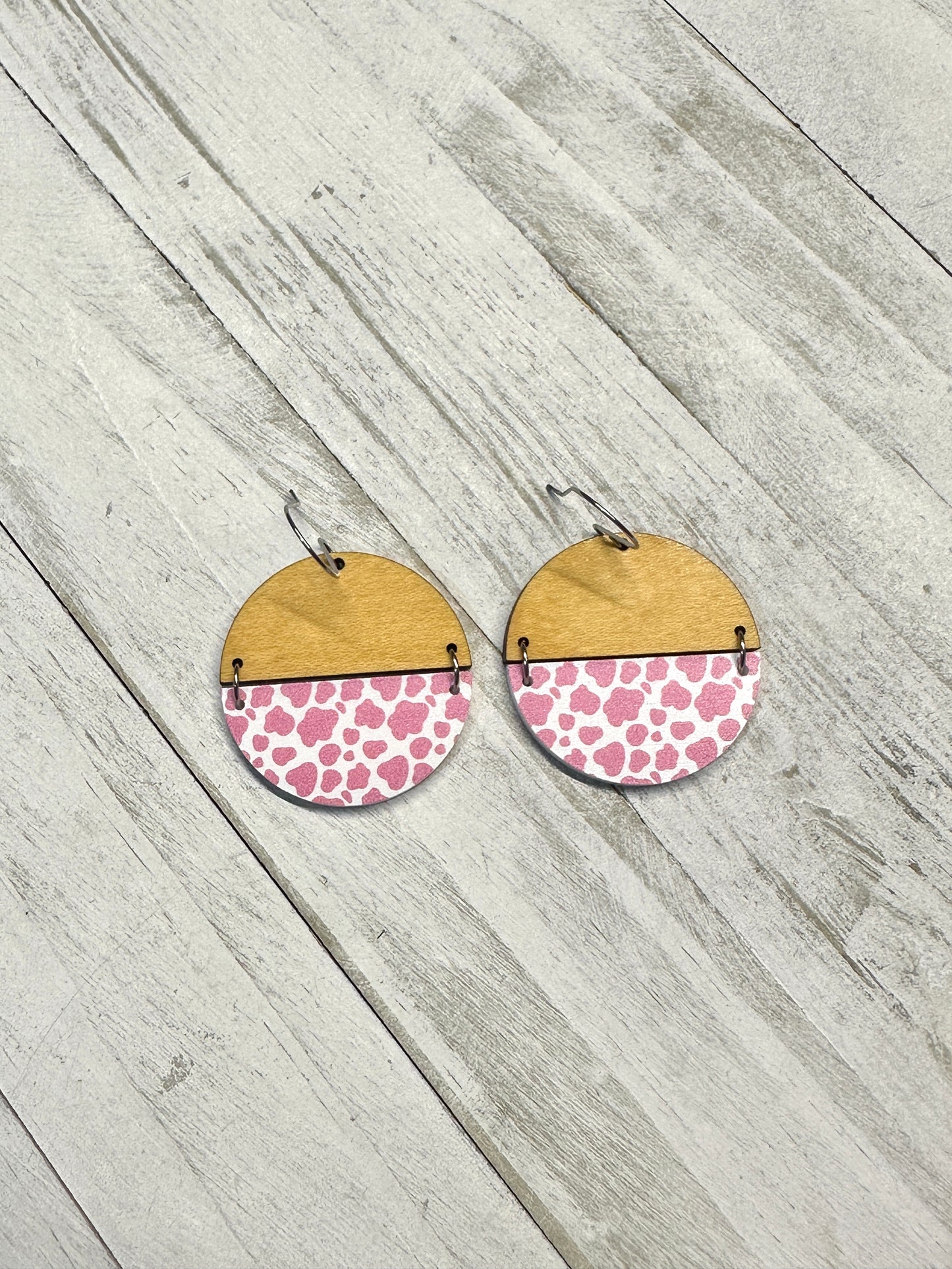 Pink Cow Print Acrylic & Maple Wood Dangle | Western Earrings