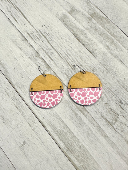 Pink Cow Print Acrylic & Maple Wood Dangle | Western Earrings