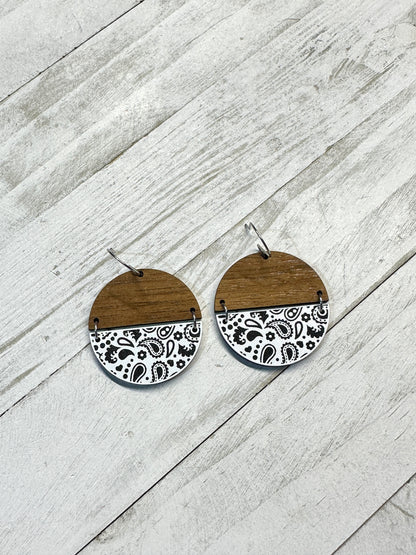 White Bandana Acrylic & Walnut Dangle | Western Earrings