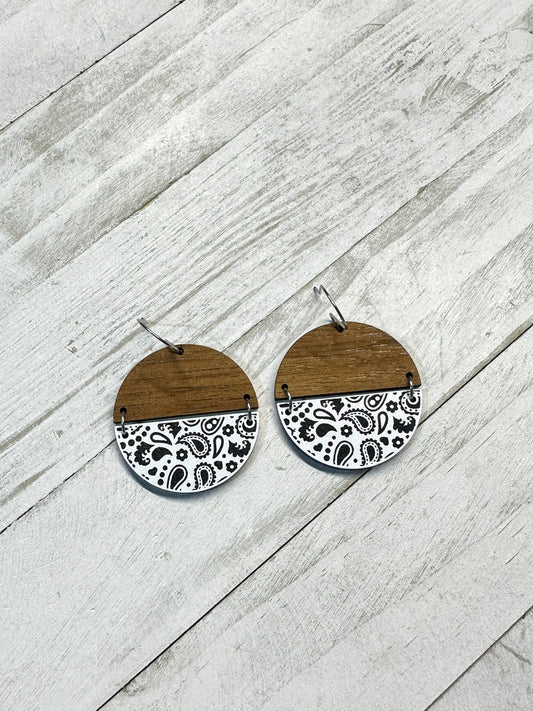 White Bandana Acrylic & Walnut Dangle | Western Earrings