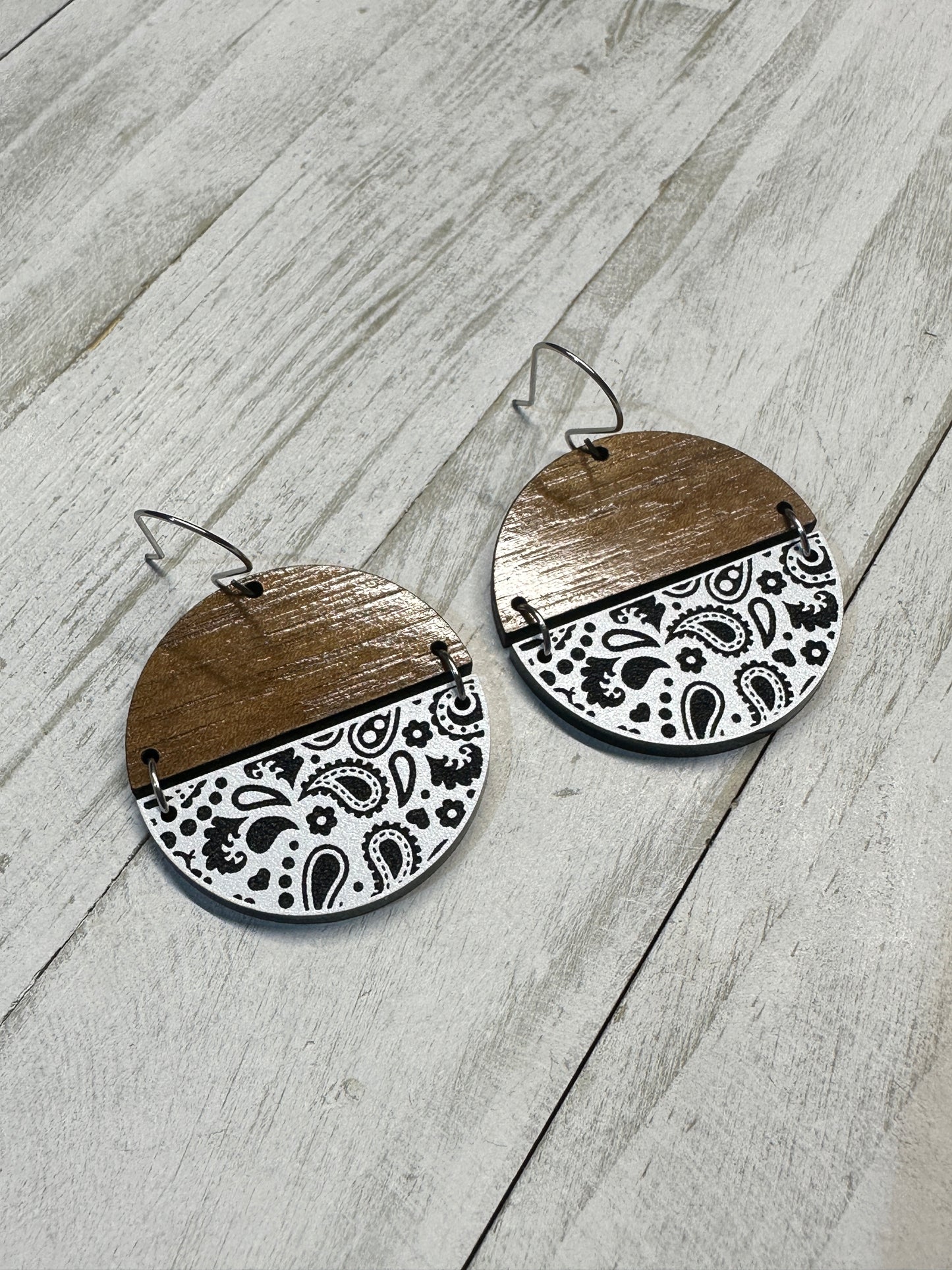 White Bandana Acrylic & Walnut Dangle | Western Earrings