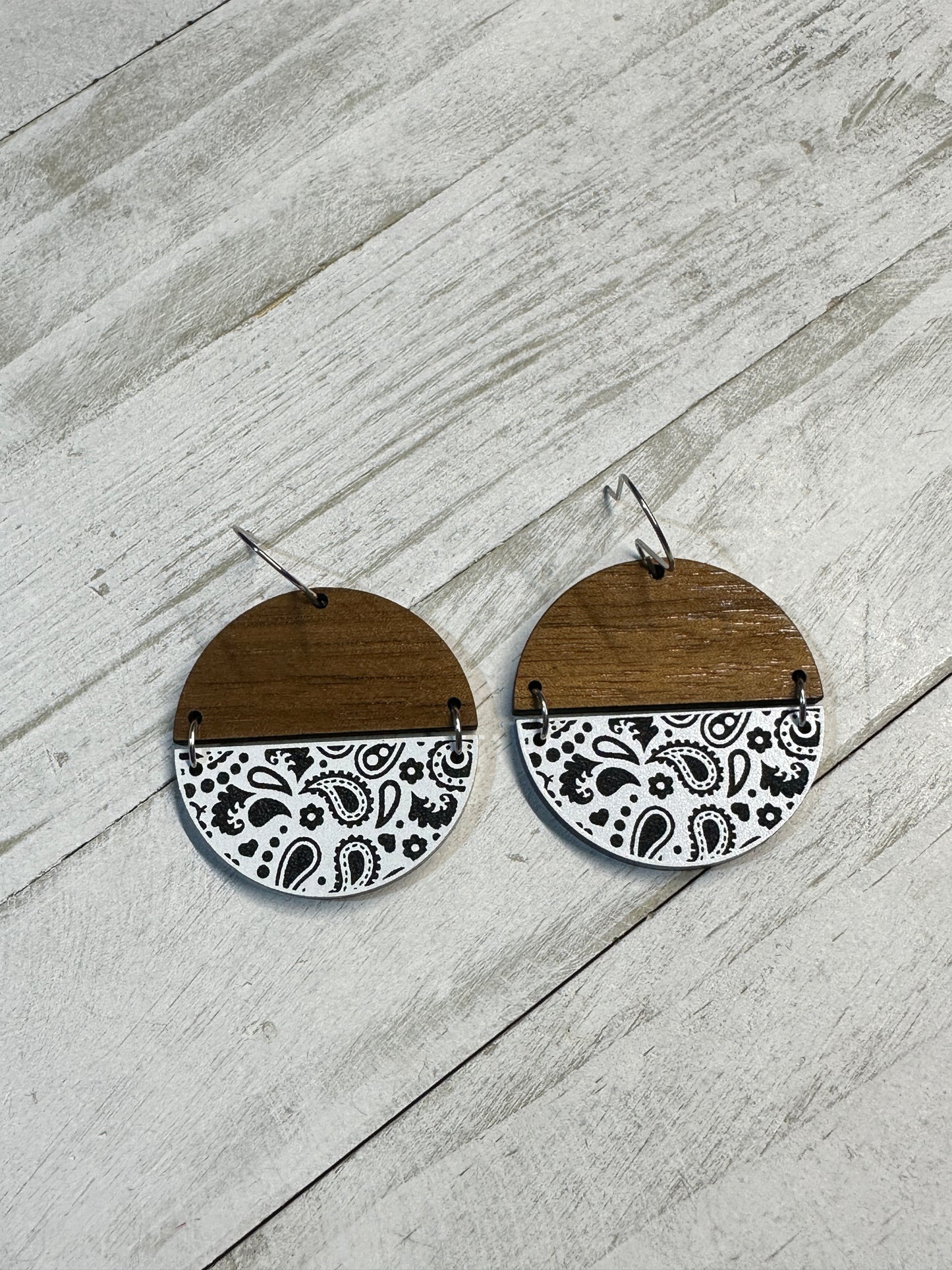 White Bandana Acrylic & Walnut Dangle | Western Earrings