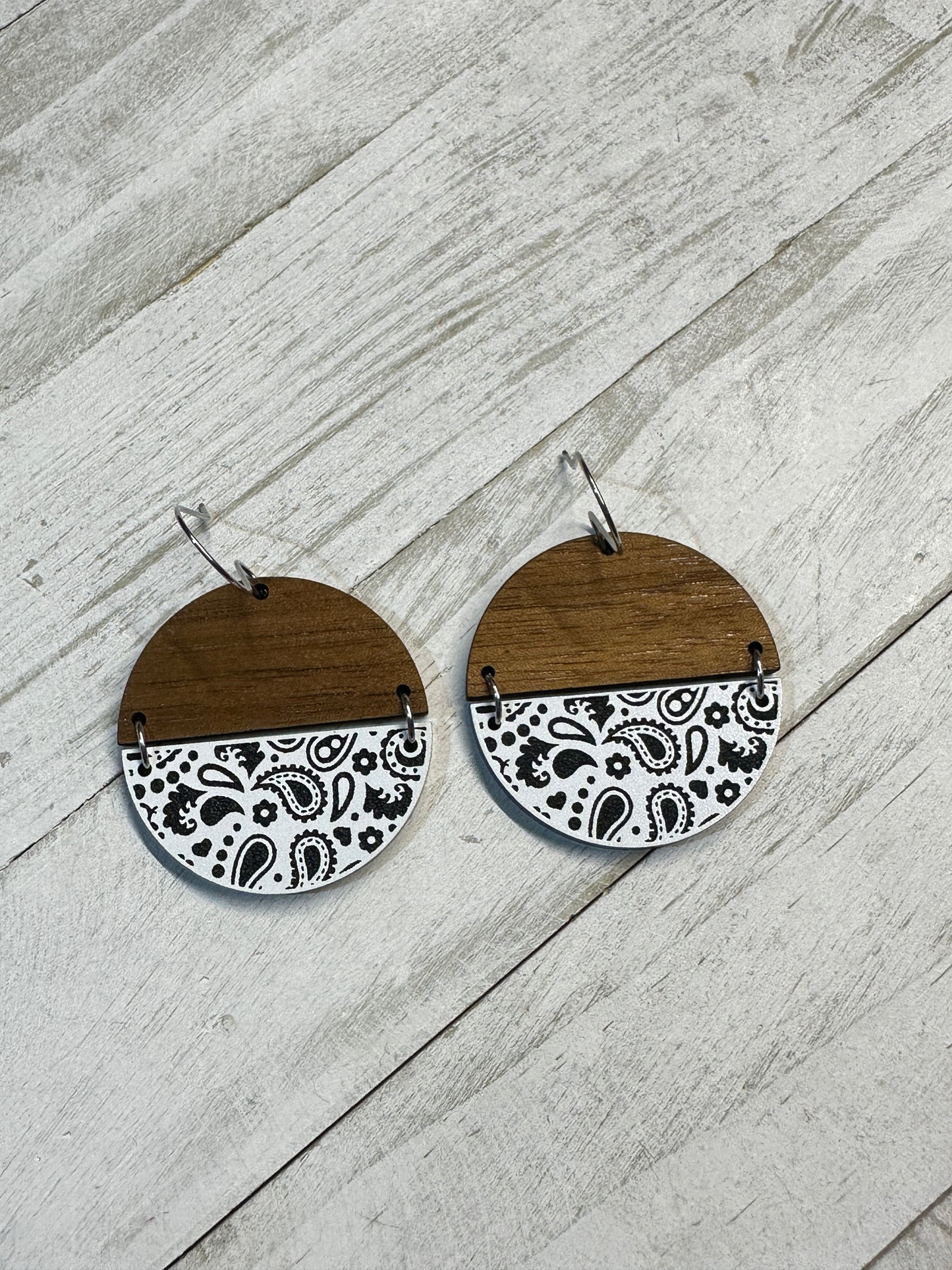 White Bandana Acrylic & Walnut Dangle | Western Earrings