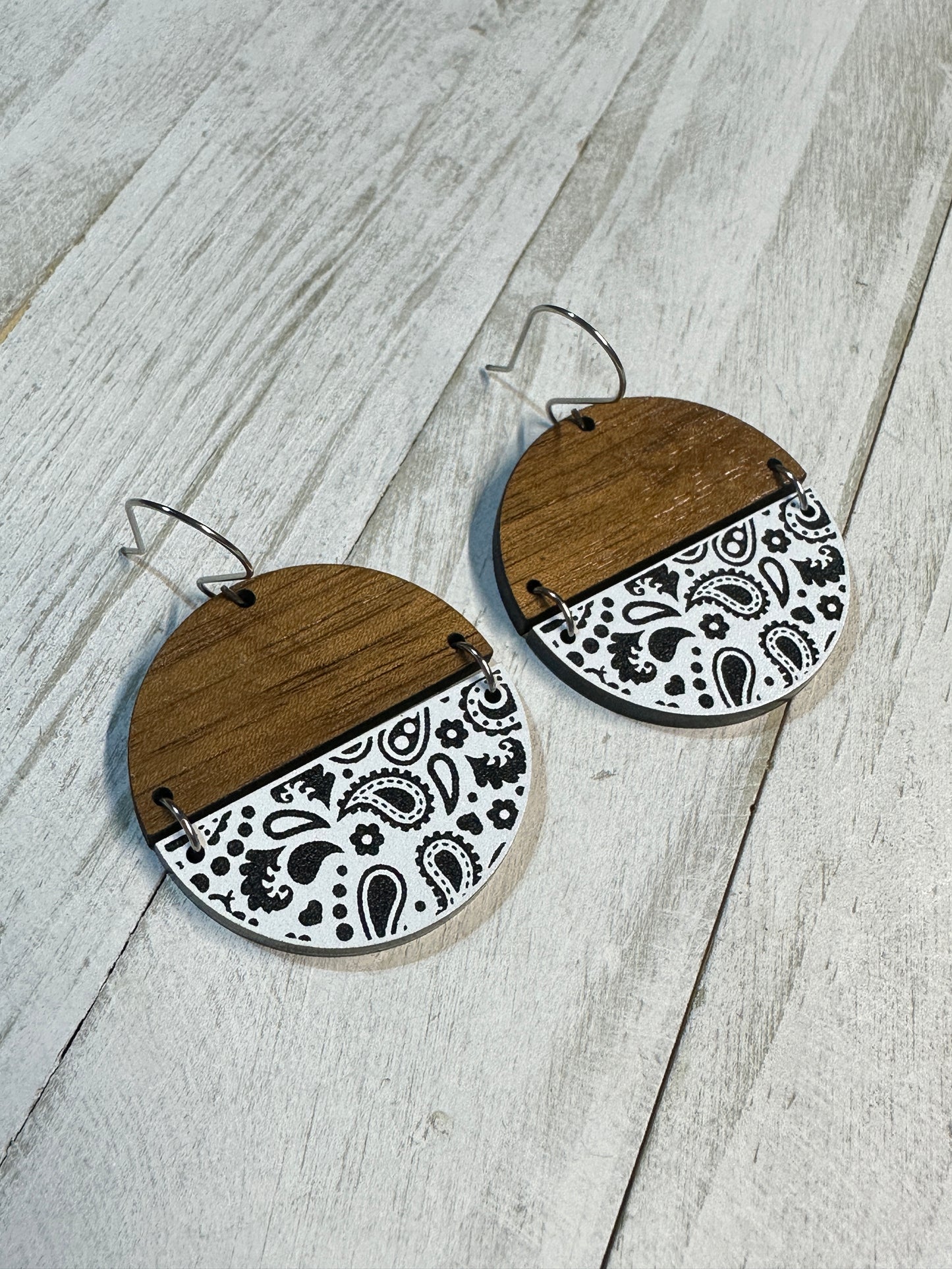 White Bandana Acrylic & Walnut Dangle | Western Earrings