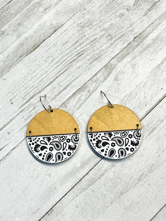 White Bandana Acrylic & Maple Dangle | Western Earrings