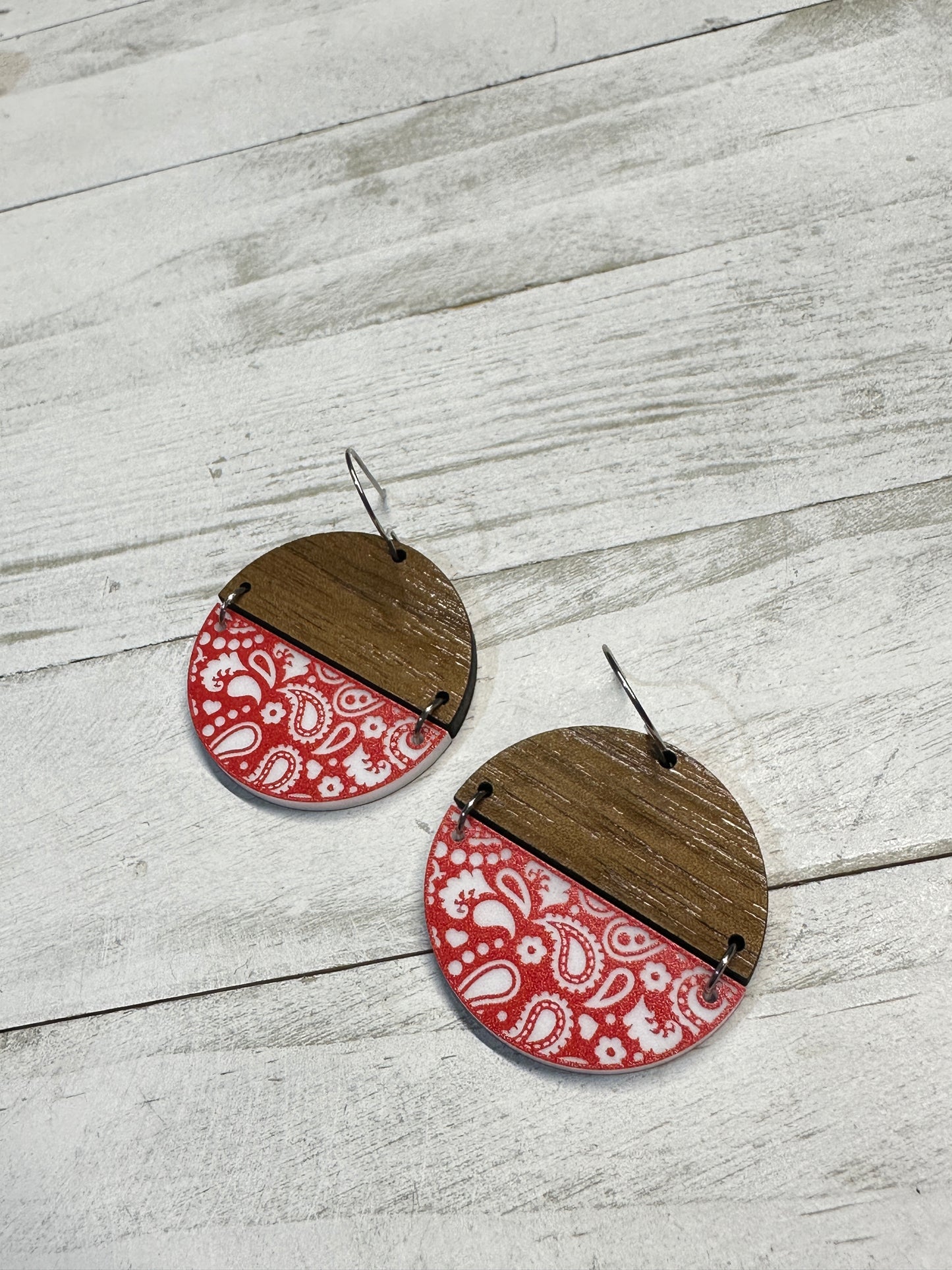 Red Bandana Acrylic & Walnut Dangle | Western Earrings
