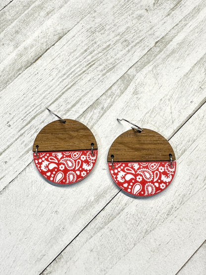 Red Bandana Acrylic & Walnut Dangle | Western Earrings