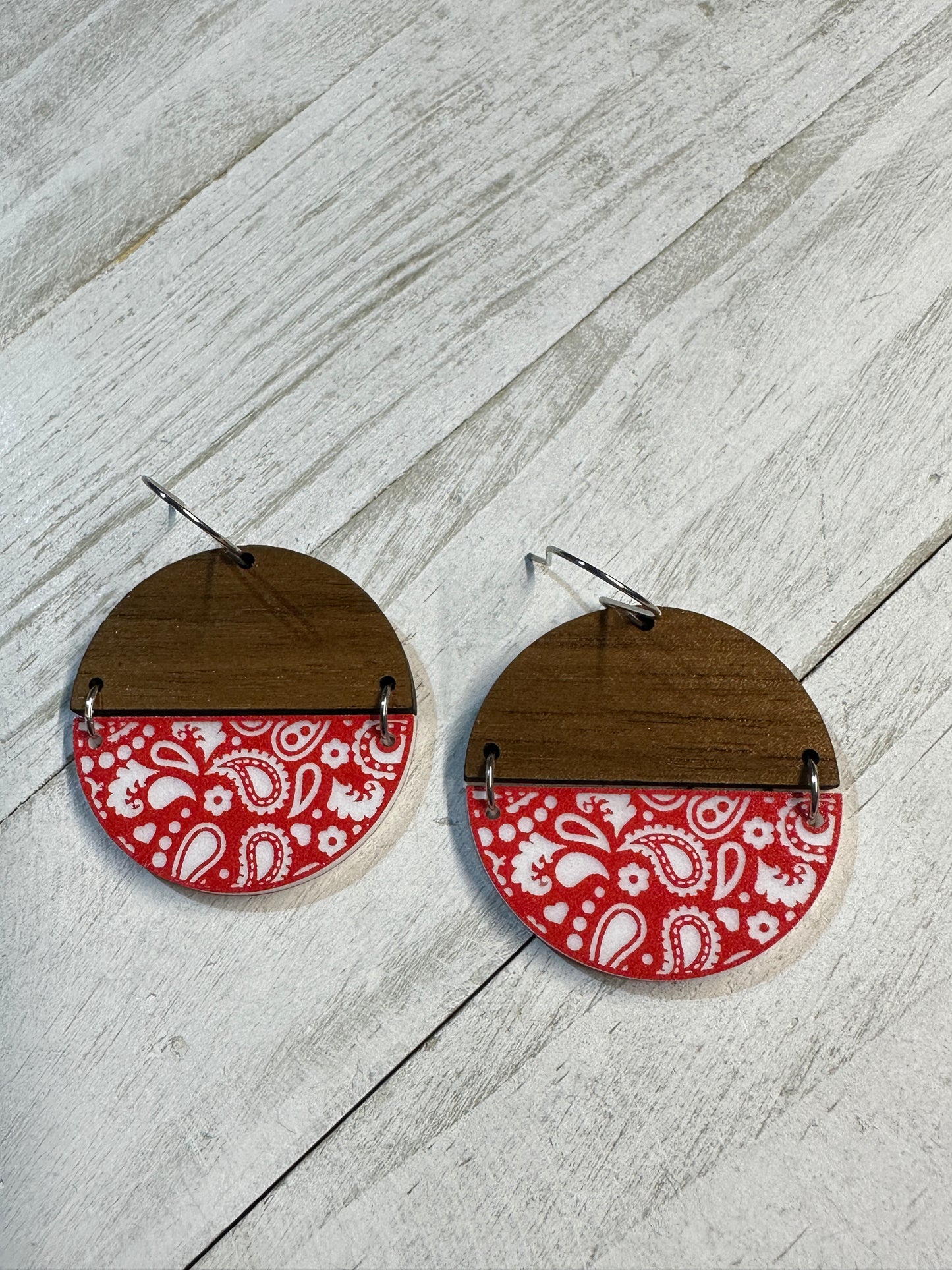 Red Bandana Acrylic & Walnut Dangle | Western Earrings