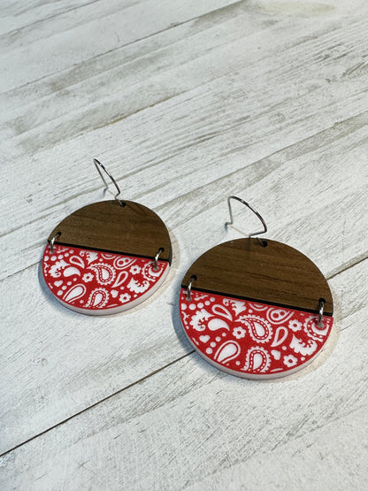 Red Bandana Acrylic & Walnut Dangle | Western Earrings