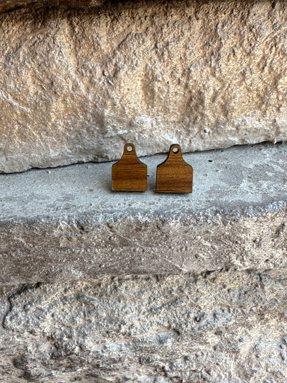 Cow Tag Walnut Wood Stud | Western Earrings