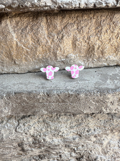 Pink Cow Print Head Acrylic Stud | Western Earrings
