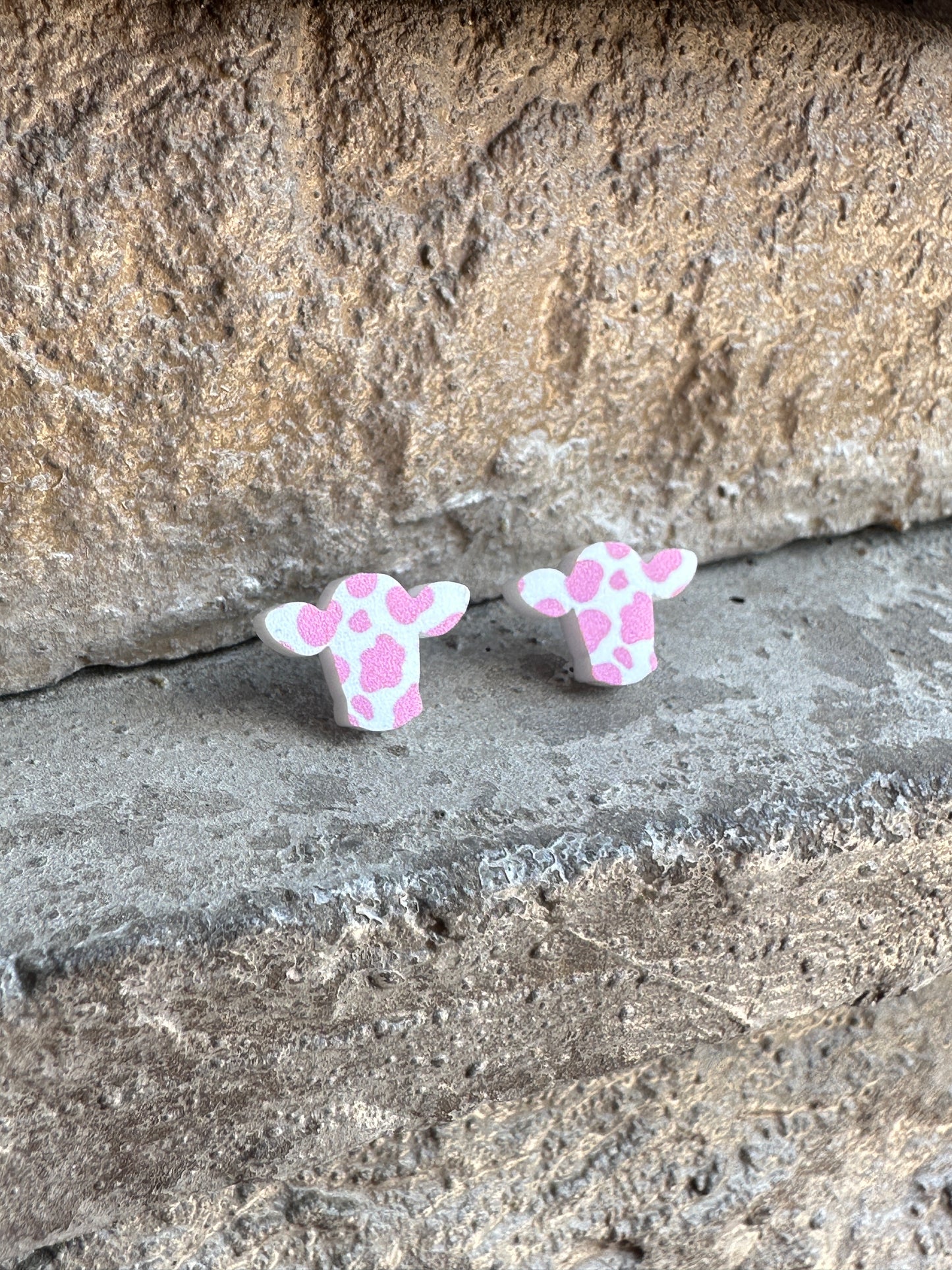 Pink Cow Print Head Acrylic Stud | Western Earrings