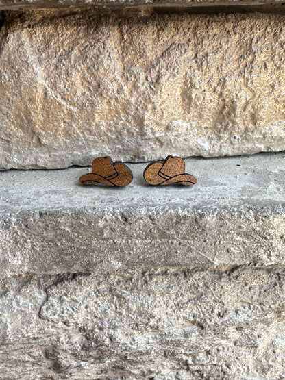 Cowboy Hat Walnut Wood Stud | Western Earrings