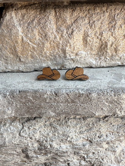 Cowboy Hat Walnut Wood Stud | Western Earrings