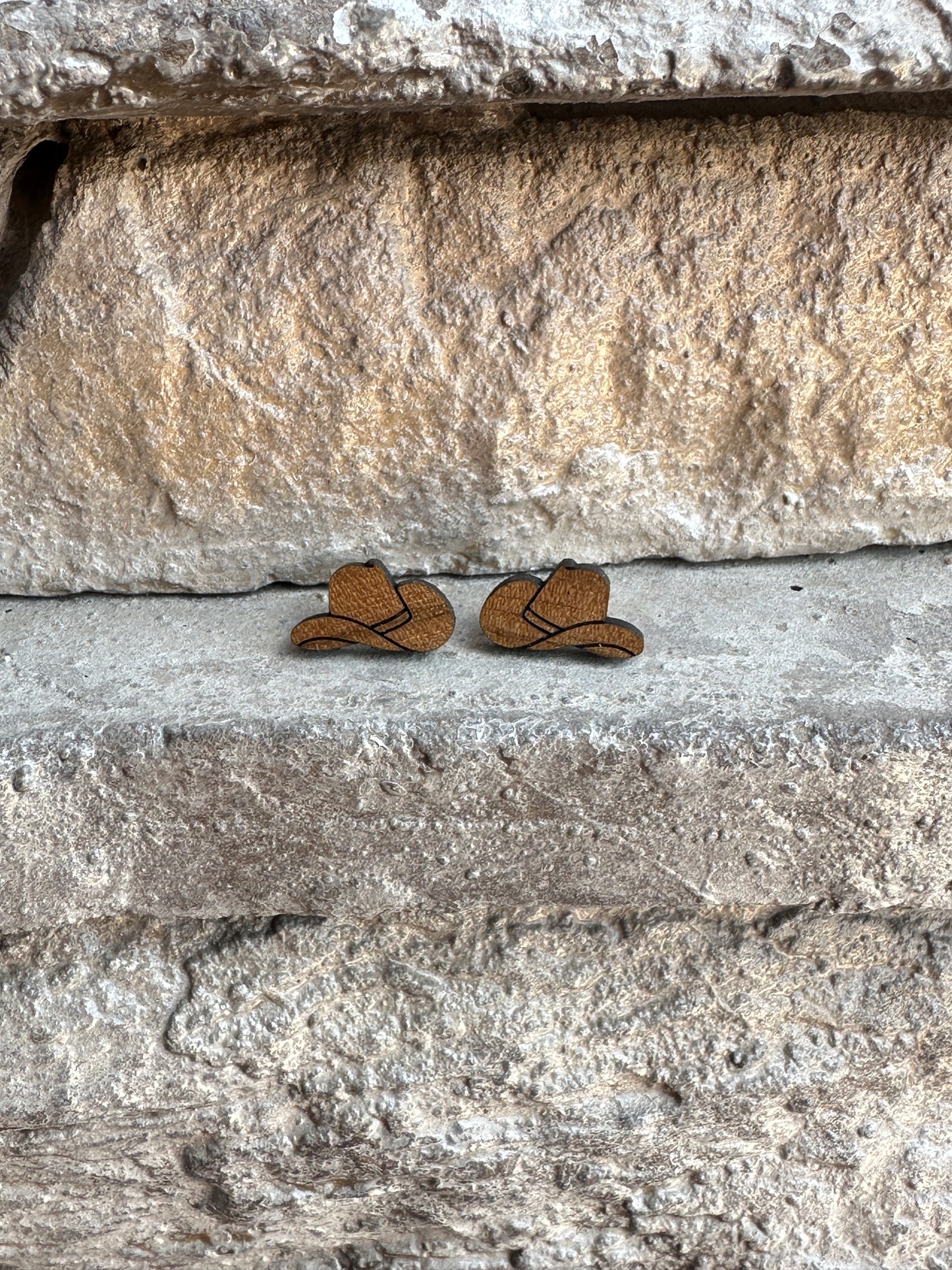Cowboy Hat Walnut Wood Stud | Western Earrings