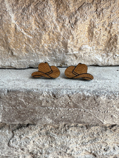 Cowboy Hat Walnut Wood Stud | Western Earrings