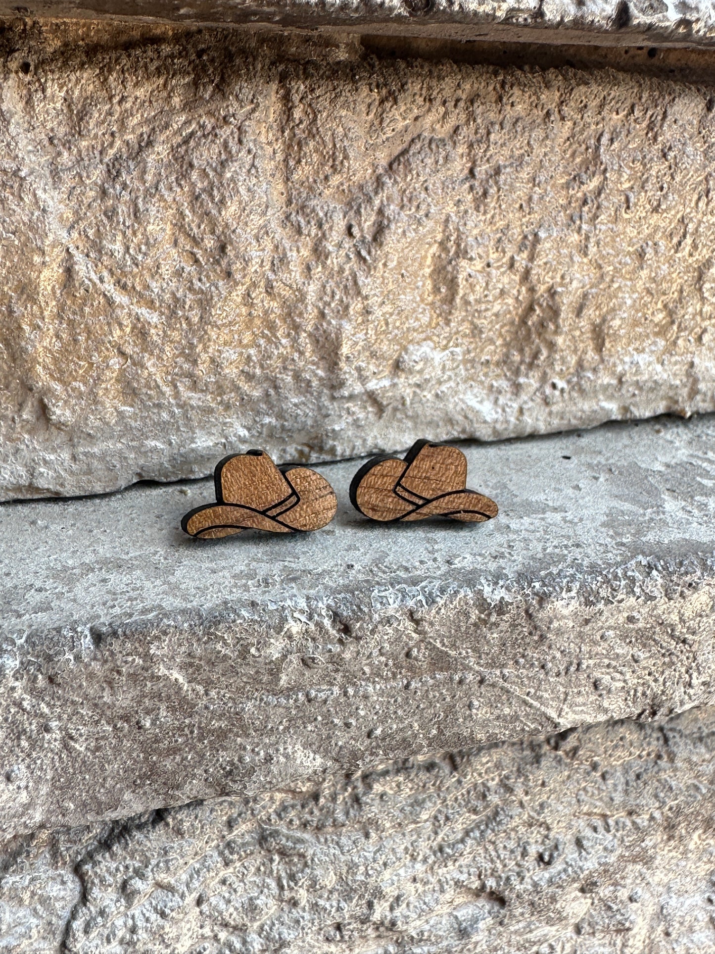 Cowboy Hat Walnut Wood Stud | Western Earrings