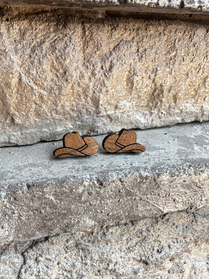 Cowboy Hat Walnut Wood Stud | Western Earrings