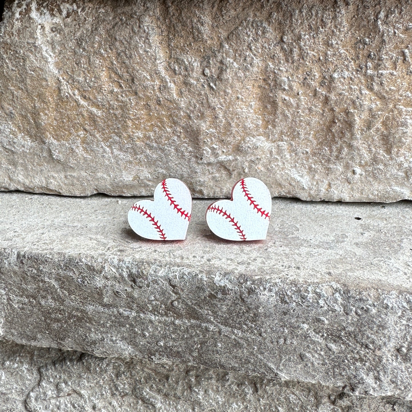 Baseball Two Tone Heart Stud Earrings | Sports Earrings