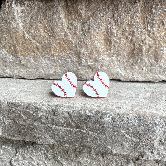 Baseball Two Tone Heart Stud Earrings | Sports Earrings
