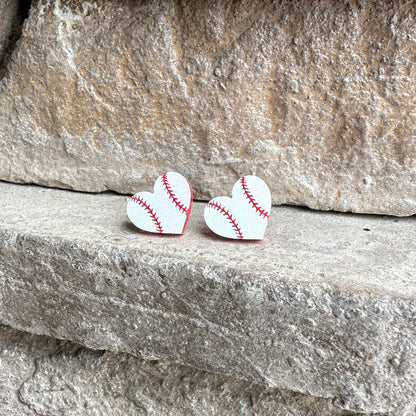 Baseball Two Tone Heart Stud Earrings | Sports Earrings