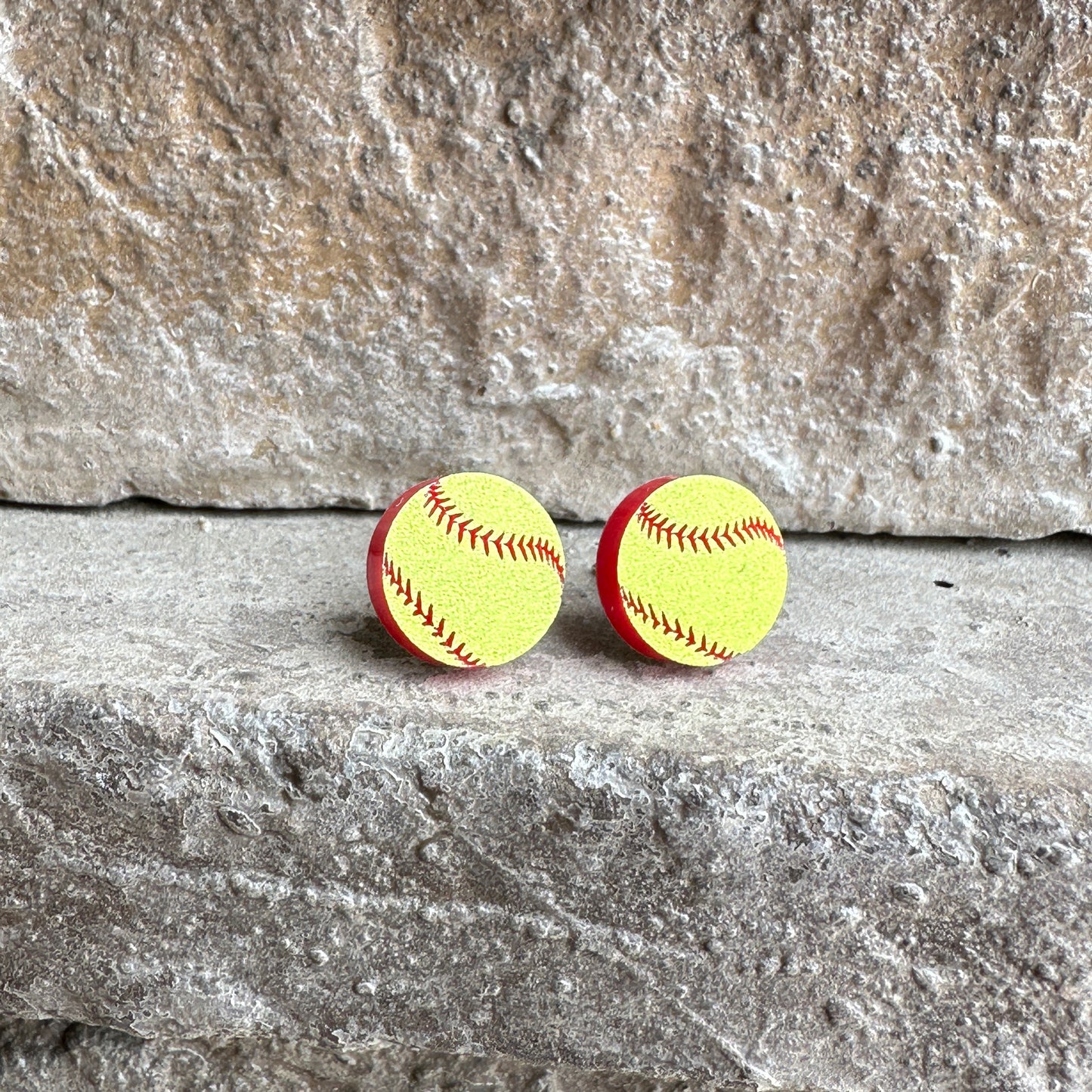 Softball Two Tone Round Stud Earrings | Sports Earrings